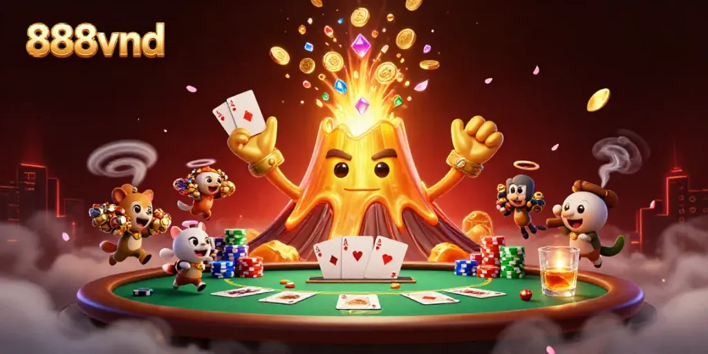 Experience winning thrills with 888vnd as a golden volcano erupts coins and treasure in a vibrant casino scene.