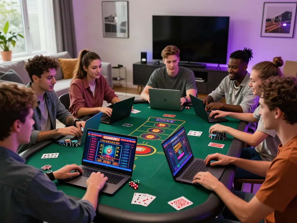 Group of friends enjoying online games at the best non GamStop casinos during game night.
