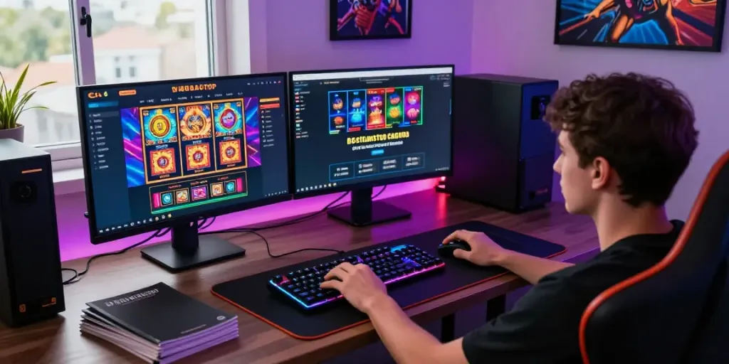 Engaging gaming scene showcasing the best non GamStop casinos on dual monitors with vibrant slot games and a player in action.