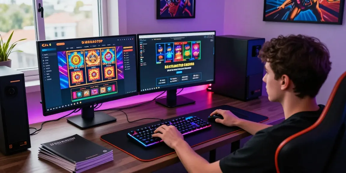 Engaging gaming scene showcasing the best non GamStop casinos on dual monitors with vibrant slot games and a player in action.