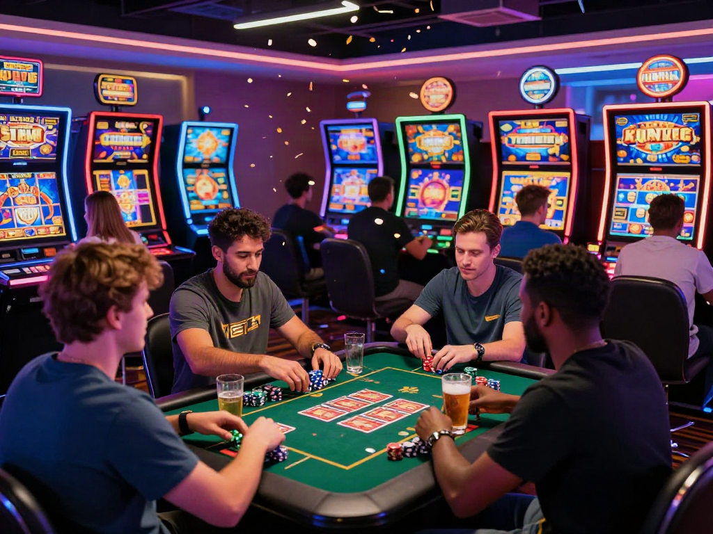Exciting gaming atmosphere highlighting the best non GamStop casinos with diverse players and neon lights.