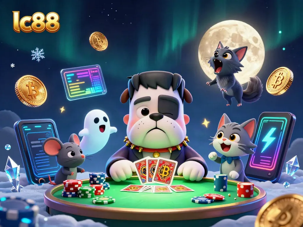 Play poker with lc88 at a spooky casino featuring a Frankenstein bulldog and ghostly elements.