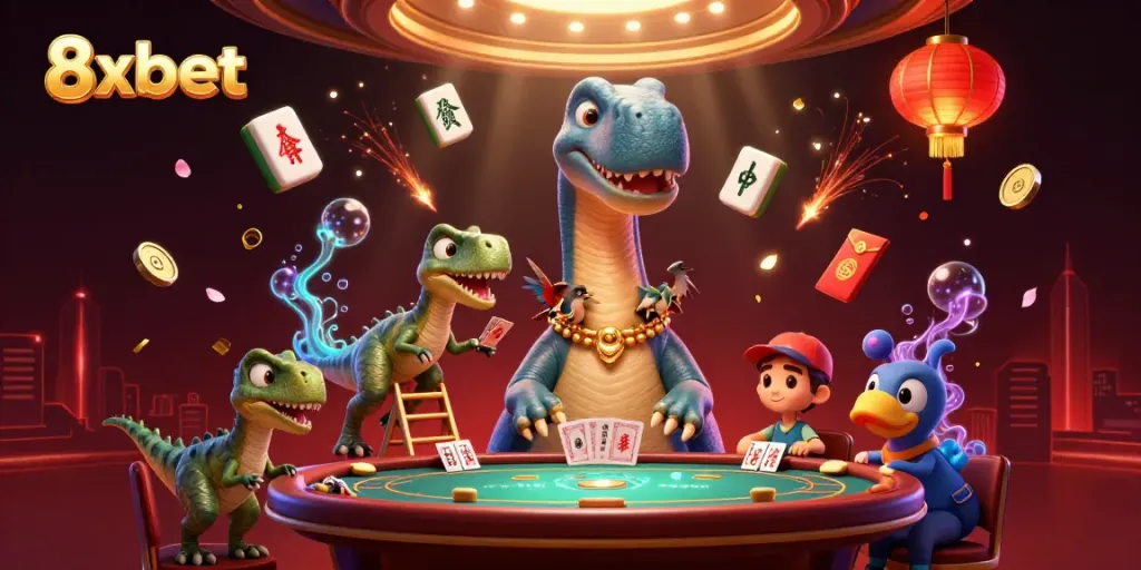 Experience exciting gameplay at 8xbet with a giant brontosaurus overseeing a vibrant casino scene.