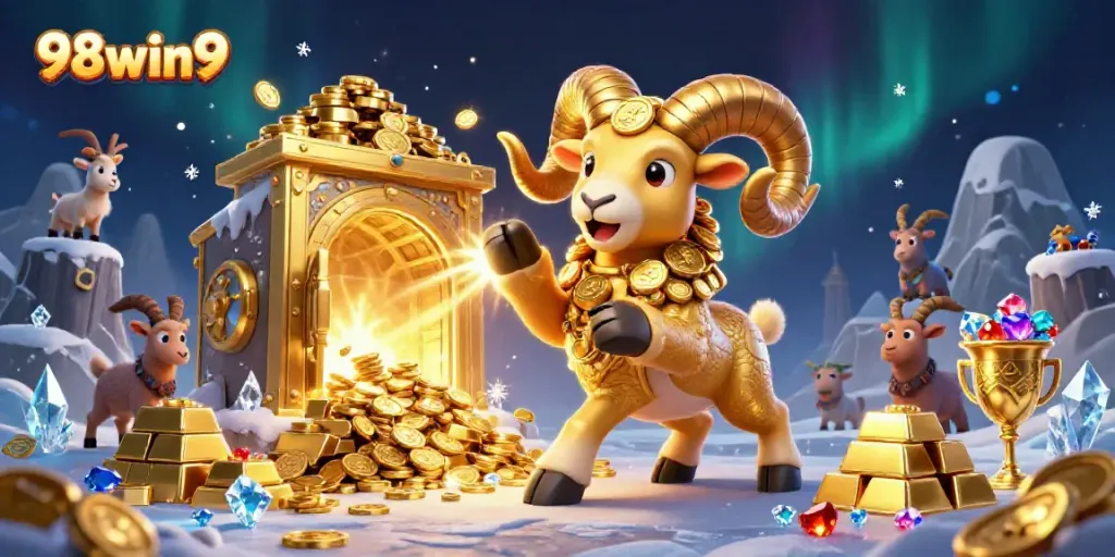 Experience thrilling gameplay with 98win9's vibrant casino scene featuring a golden ram and treasures.
