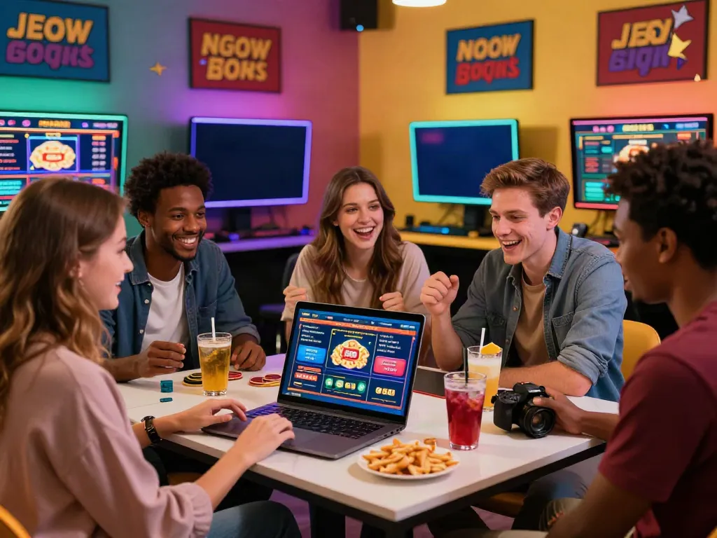 Engaging scene of friends exploring the best non GamStop casinos online, highlighting excitement and camaraderie.