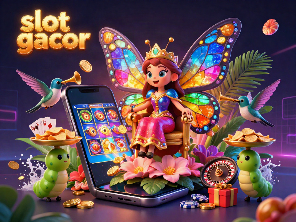 Engage in the vibrant world of slot gacor with a lively 3D scene featuring a butterfly queen and dynamic game elements.