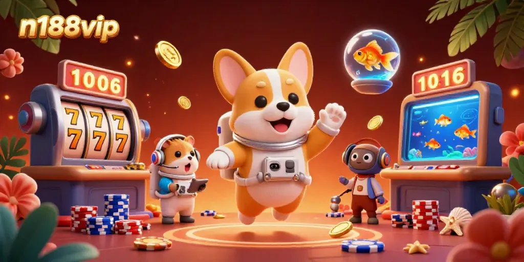 N188VIP showcases a vibrant 3D space casino with a floating corgi, colorful chips, and thrilling games.