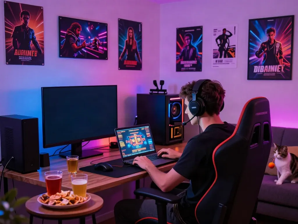 Player enjoying best non gamstop casinos on laptop in a vibrant gaming setup.