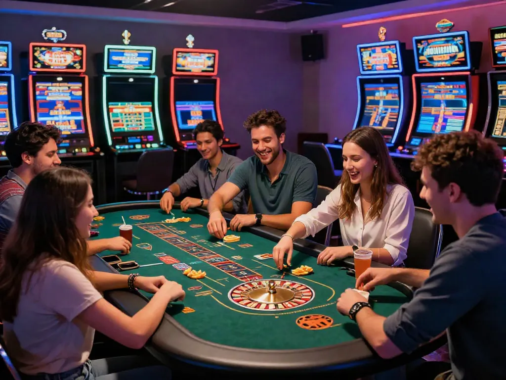 Exciting scene showcasing the best non GamStop casinos with friends enjoying games in a lively casino.