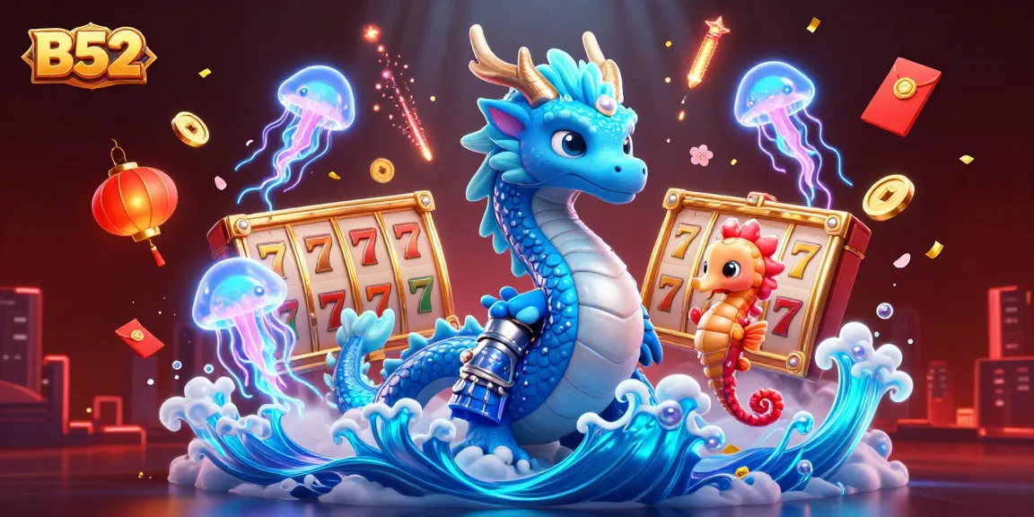 B52 players engaging with vibrant slot reels and magical sea creatures in a lively online casino scene.