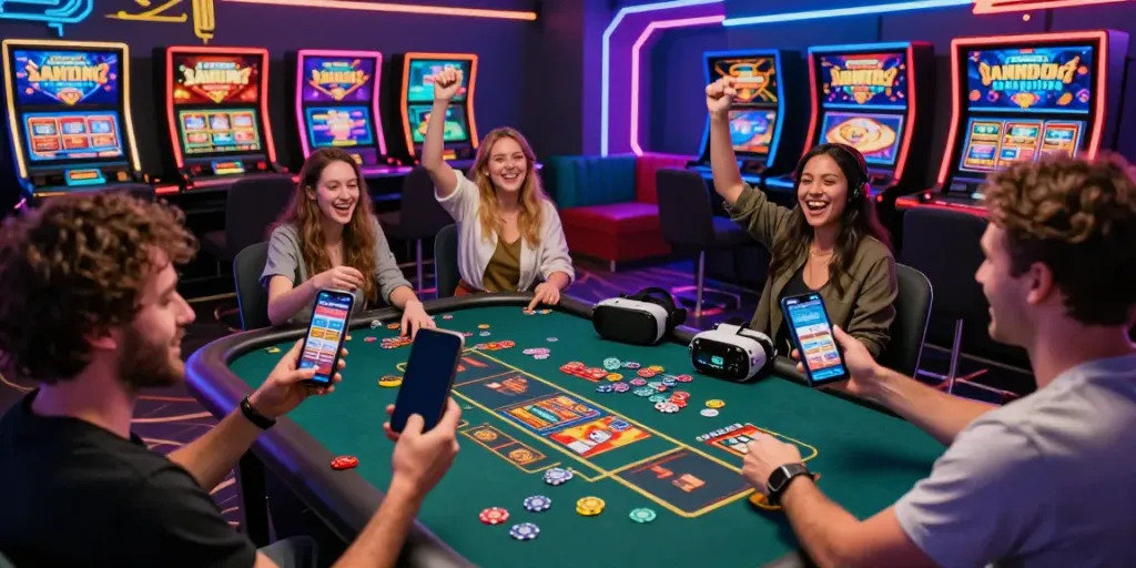 Players celebrating wins at the best non gamstop casinos in a vibrant gaming lounge.