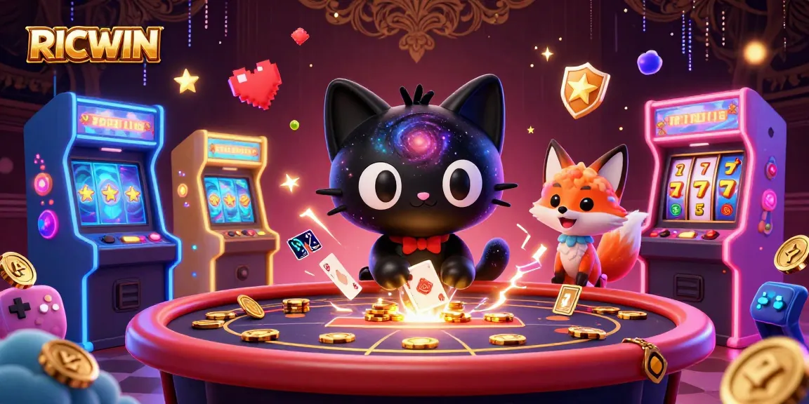 Experience the thrill of RICWIN's cosmic casino, featuring a black hole cat and vibrant game elements.
