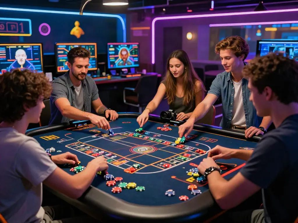 Exciting gaming atmosphere highlighting best non gamstop casinos with diverse friends playing at a digital roulette table.