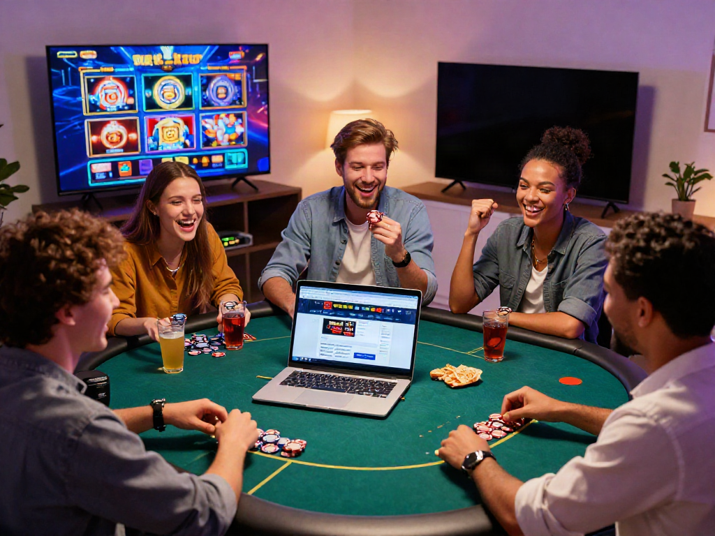 Exciting gaming scene showcasing best non gamstop casinos with friends celebrating at home with modern tech and vibrant atmosphere.