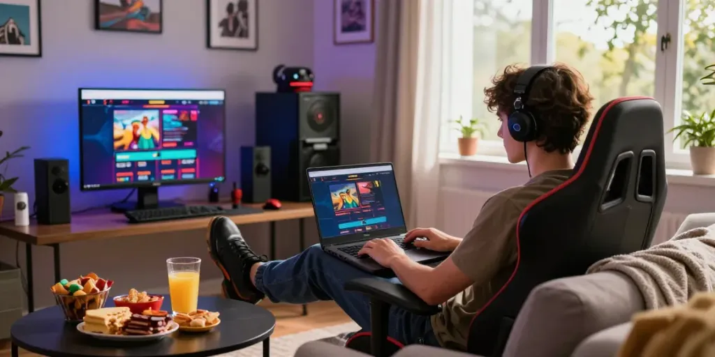 Best non GamStop casinos showcased in a relaxed home gaming environment with snacks and vibrant lighting.