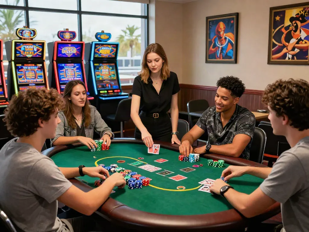 Engaged friends experiencing the best non GamStop casinos atmosphere at a poker table with colorful chips and cards.