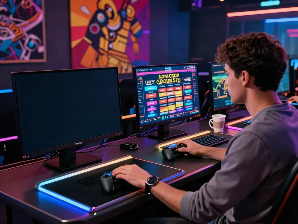 Engaging scene of a user exploring the best non GamStop casinos on multiple screens, highlighting an exhilarating online gaming experience.