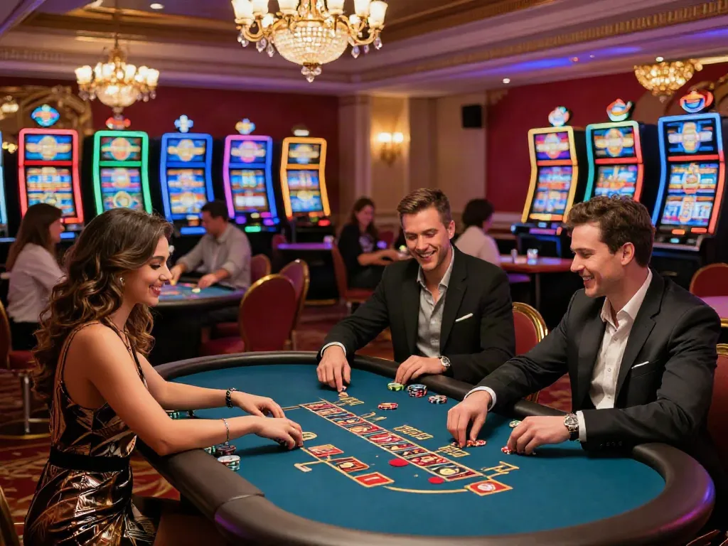 Excitement at the best non gamstop casinos with diverse players enjoying games in a vibrant casino hall.