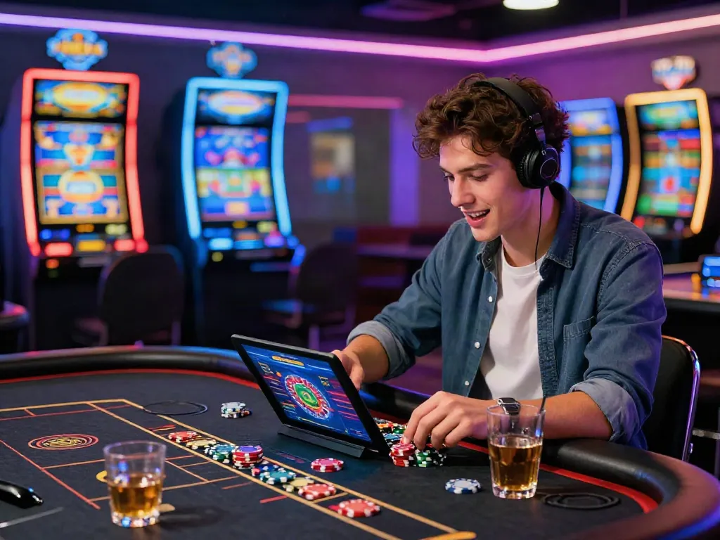Engaging player exploring the best non gamstop casinos at a lively digital gaming table.