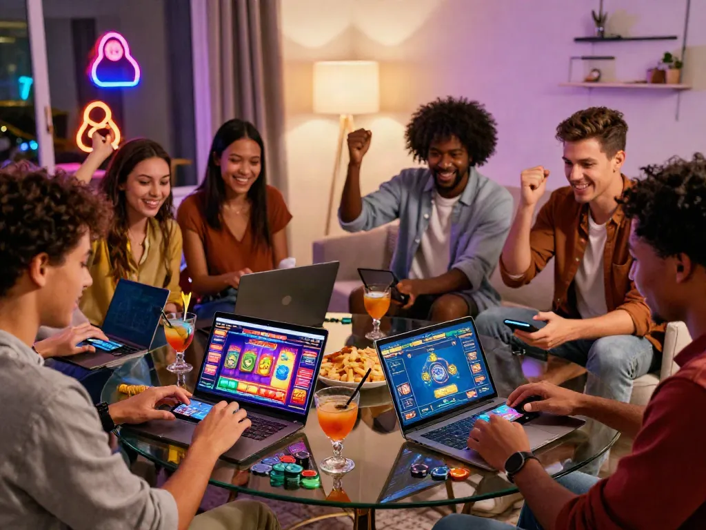 Friends enjoying the best non gamstop casinos in a lively online gaming session.