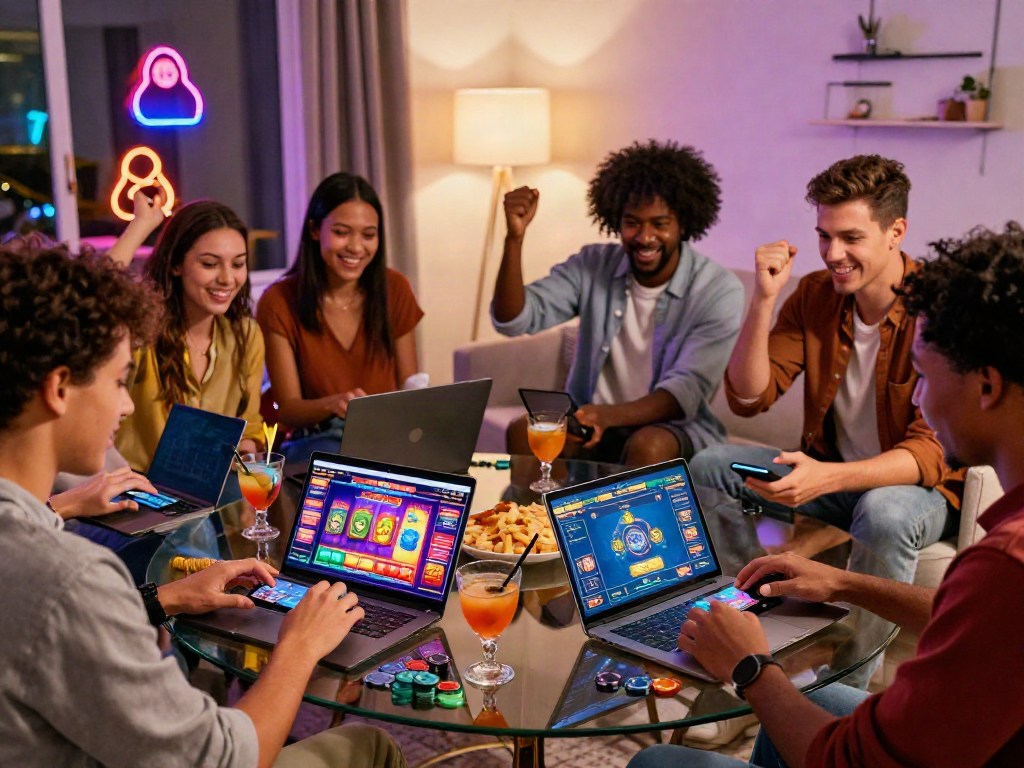 Friends enjoying the best non gamstop casinos in a lively online gaming session.