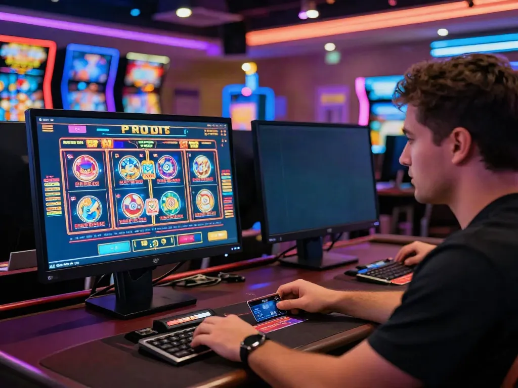 Player enjoying online credit card casinos with vibrant gaming setup and banking app.