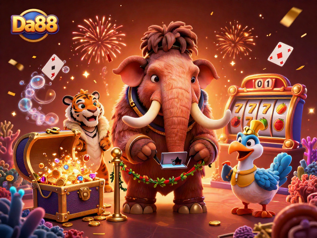 Experience the excitement at Da88 Casino with a vibrant scene of 3D characters and dynamic gaming elements.