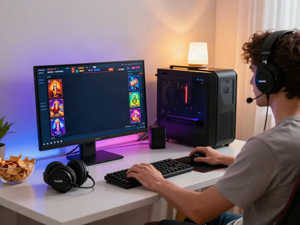 Engaging scene of the best non gamstop casinos with a player gaming at a stylish desk.