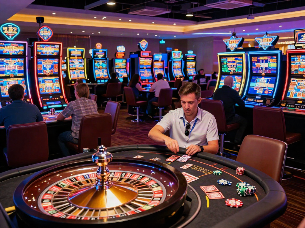 Experience the excitement of the best non gamstop casinos with lively gaming tables, players enjoying roulette and slots, vibrant atmosphere captured.