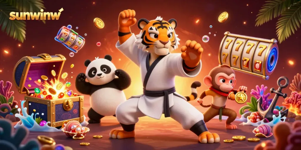 Experience thrilling wins with sunwinw's playful panda and kung fu tiger in a vibrant gaming scene.
