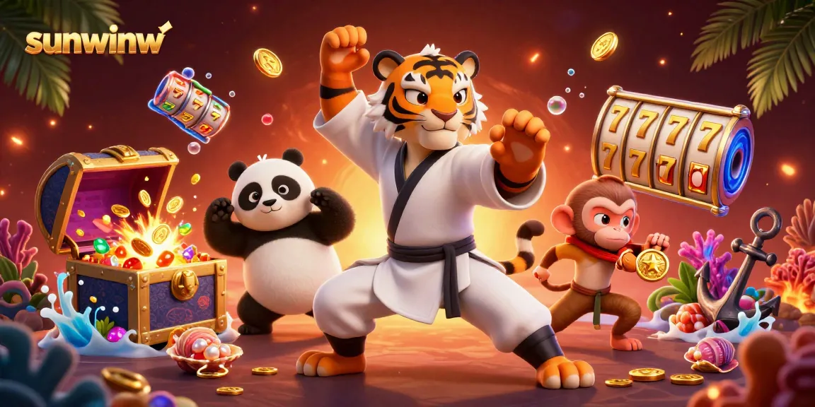 Experience thrilling wins with sunwinw's playful panda and kung fu tiger in a vibrant gaming scene.