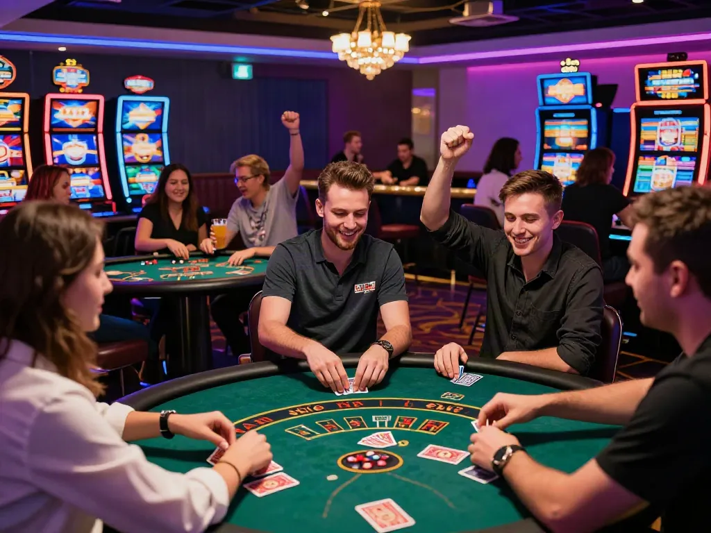 Engaging scene of diverse players at the best non gamstop casinos, showcasing excitement at gaming tables.