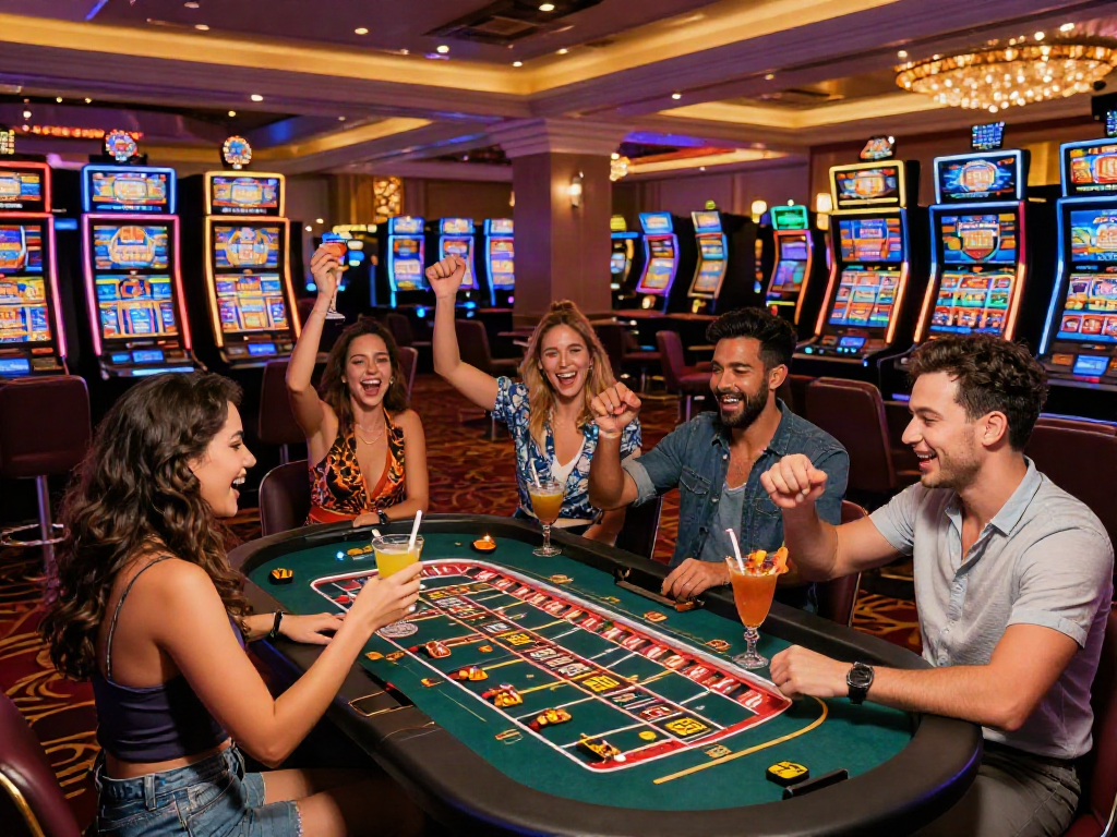 Best non GamStop casinos scene with friends celebrating wins in a vibrant gaming atmosphere.