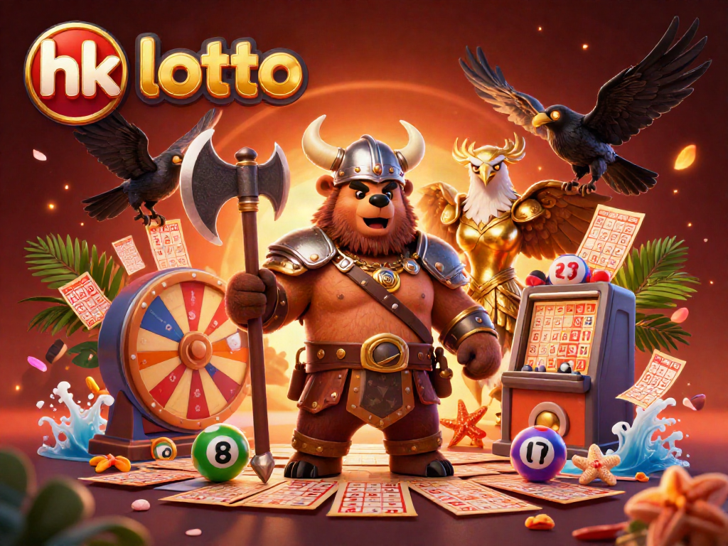 Experience the thrill of hk lotto with this dynamic 3D illustration featuring a Viking berserker bear and a Valkyrie eagle amidst lottery elements.