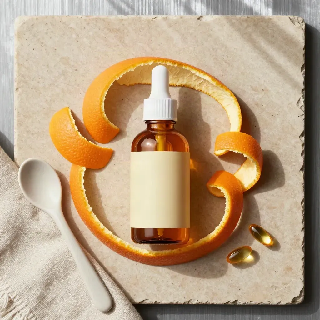 Overhead flatlay of kids omega orange oil bottle with orange peel curls, spoon, linen and capsules.