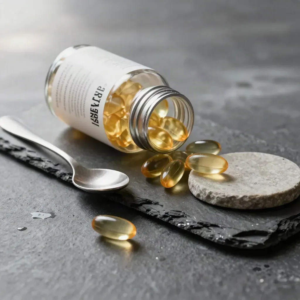 Unbranded fish oil bottle skimming damp slate with softgels, spoon and stone coaster.