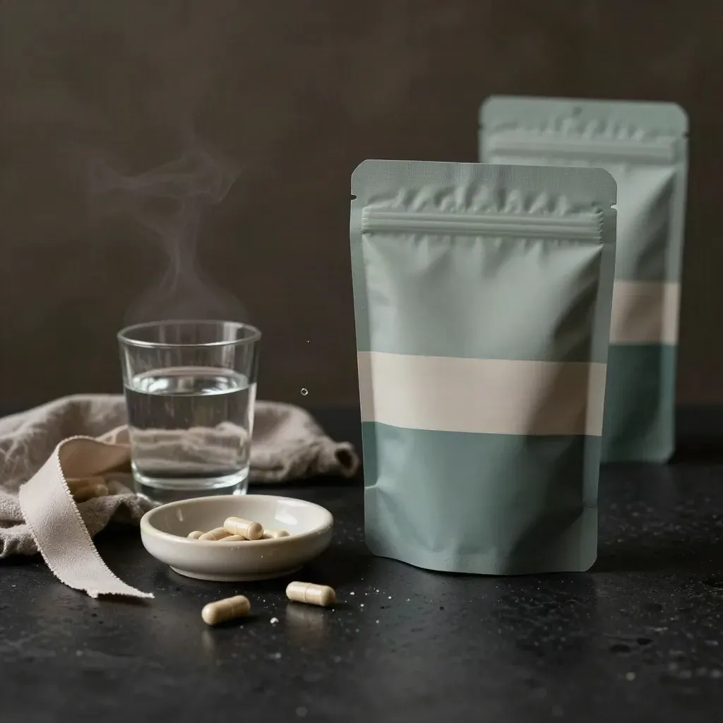 Algae omega starter pack with capsules, water, dish and cloth in a dramatic studio scene