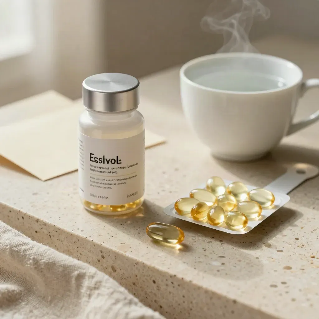 Odourless fish oil bottle, softgel tray, and water cup on travertine in soft morning light.