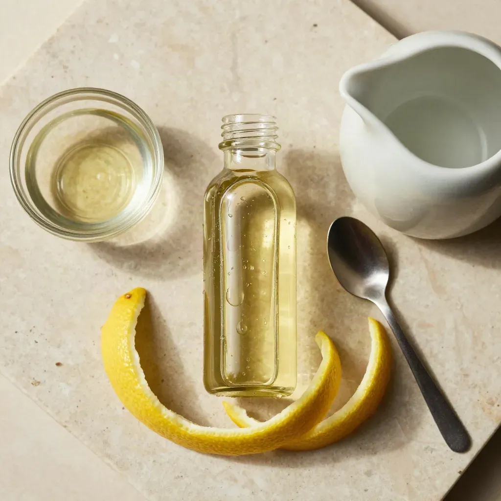 Overhead lemon fish oil bottle with bowl, pourer, spoon and spiral lemon peels on pale stone.
