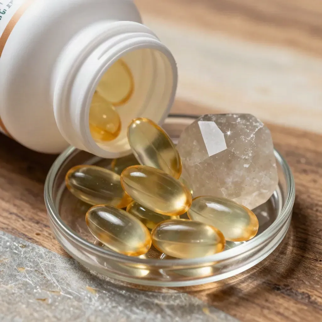 Macro of algae DHA bottle, glass dish of capsules, and mineral block on warm stone.