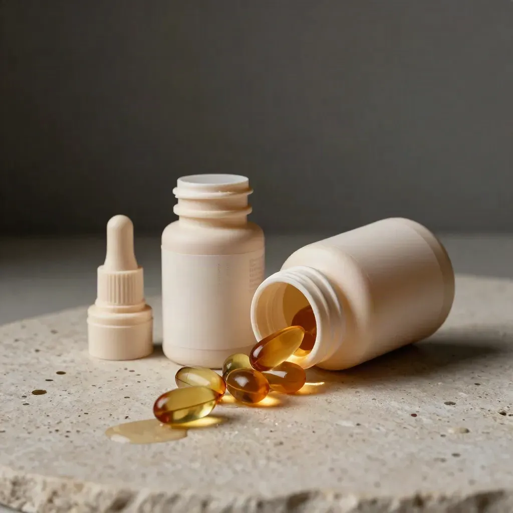 Refill supplement bottles and capsules spilling across pale stone in dramatic studio light.