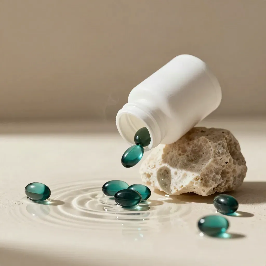 Unlabelled algae omega bottle hovering above rippling water with capsules and a mineral block.