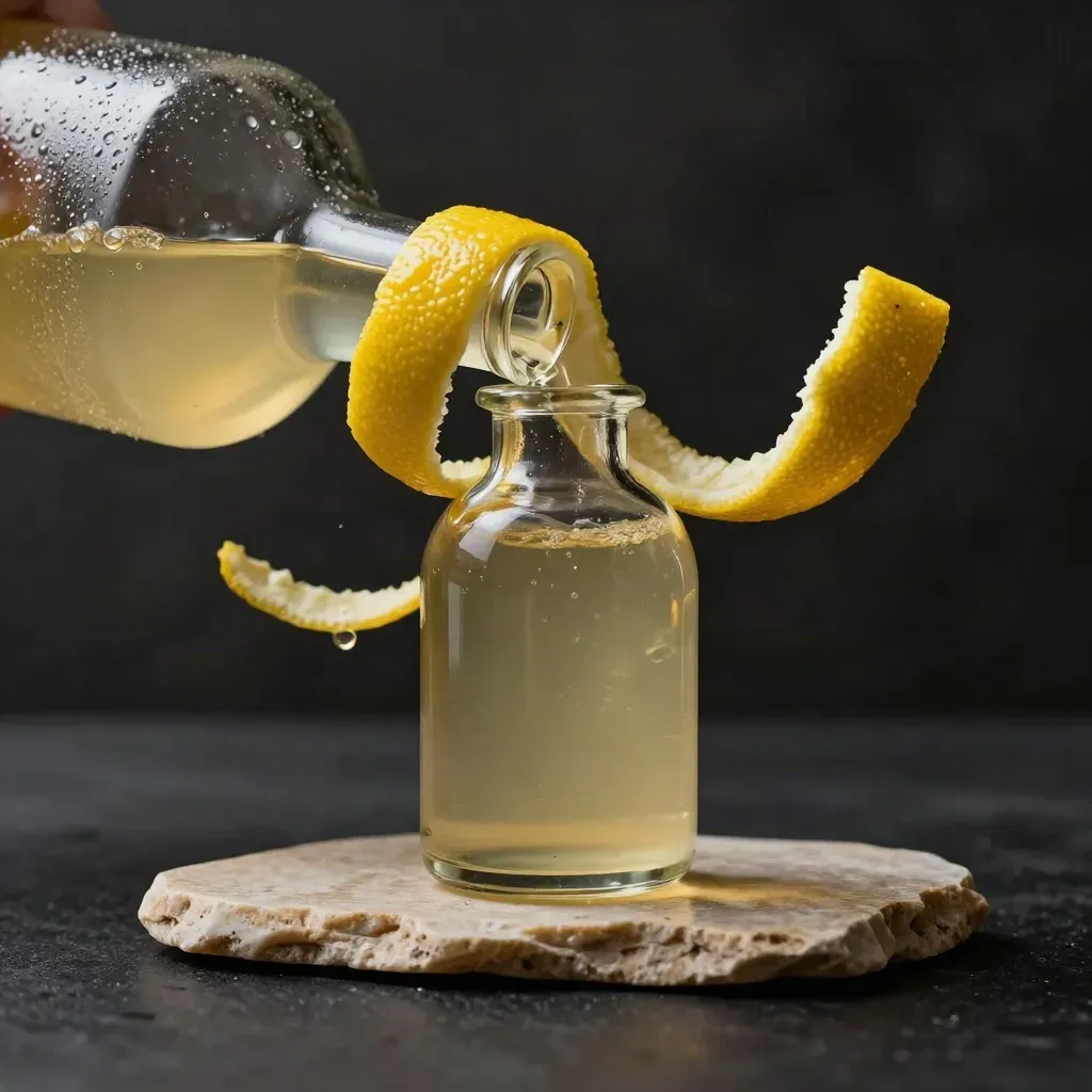 Lemon omega bottle with glass pourer, peel ribbons, and condensation on stone slab