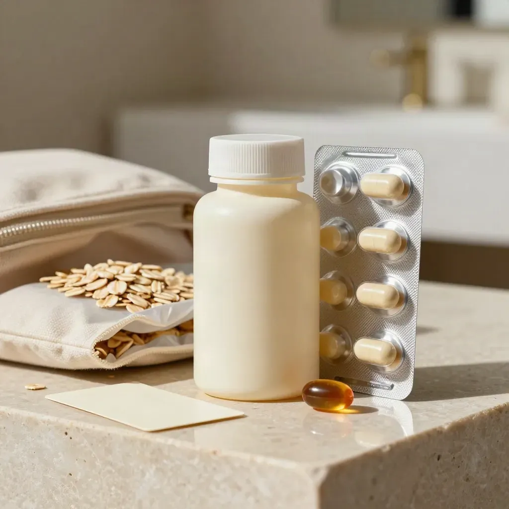 Travel omega softgel pack, capsule bottle, pouch and one softgel on pale stone in a bright studio hero shot.