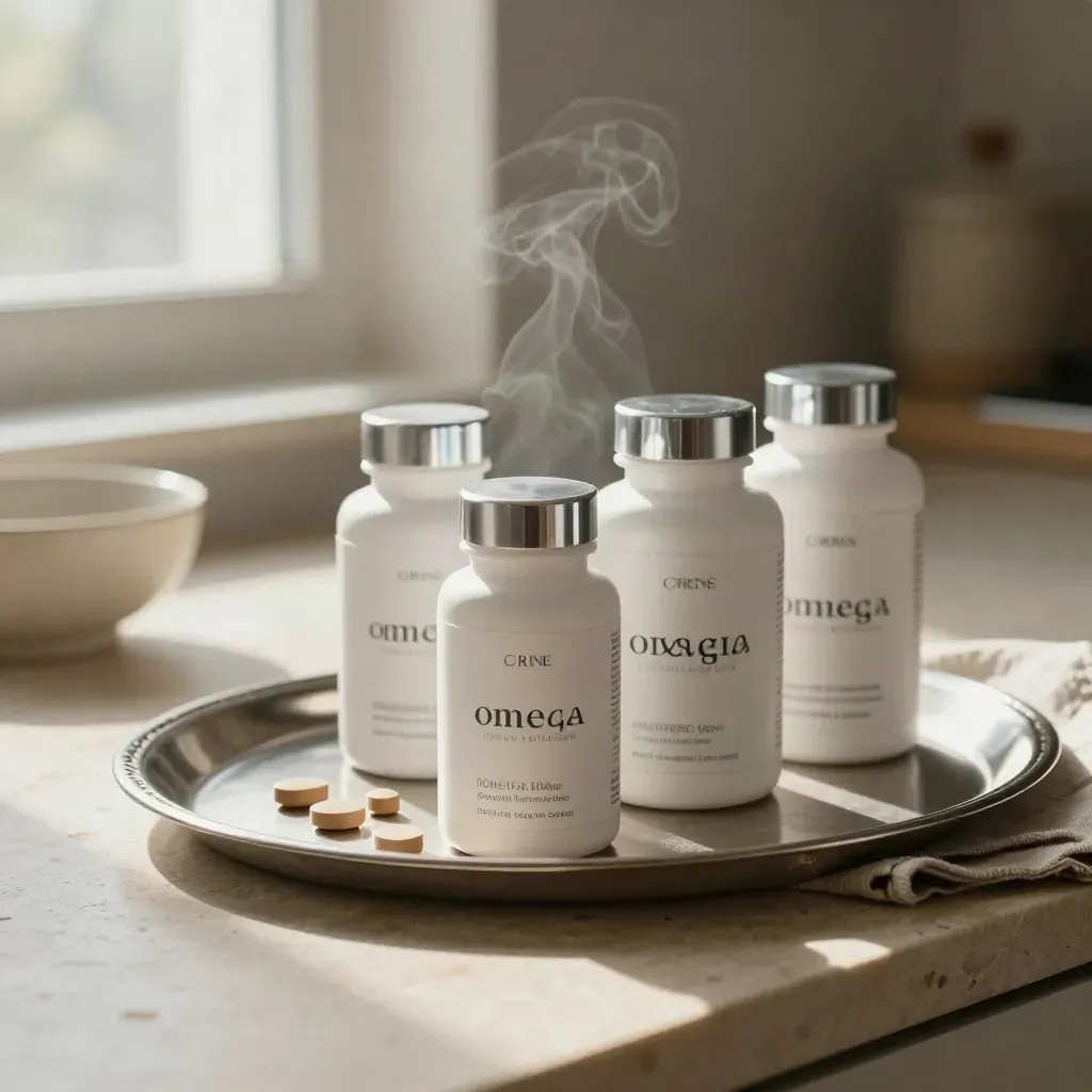 Four omega supplement bottles on a silver tray with linen, in soft kitchen daylight.