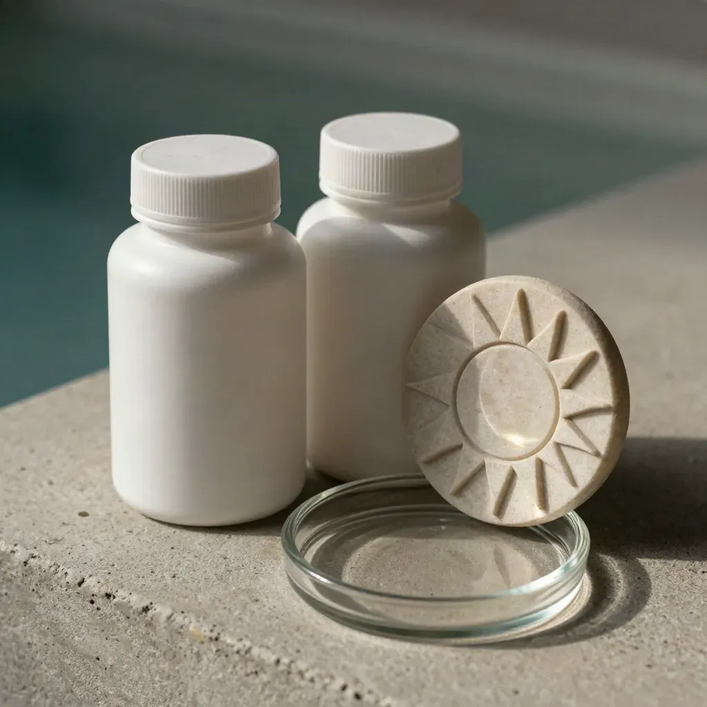 Macro of two plain vitamin bottles with a stone sun-disc and glass dish on cool concrete.