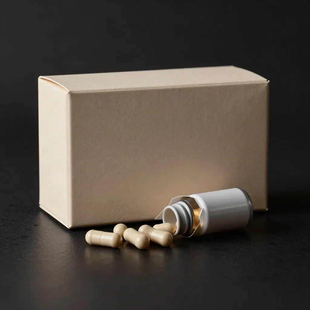 Unbranded monthly refill box with bottle and capsules spilling on a dark studio surface.