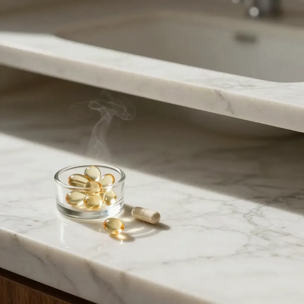 Marble wellness surface with a glass vessel, capsule shapes, and a pale ceramic edge in soft light.