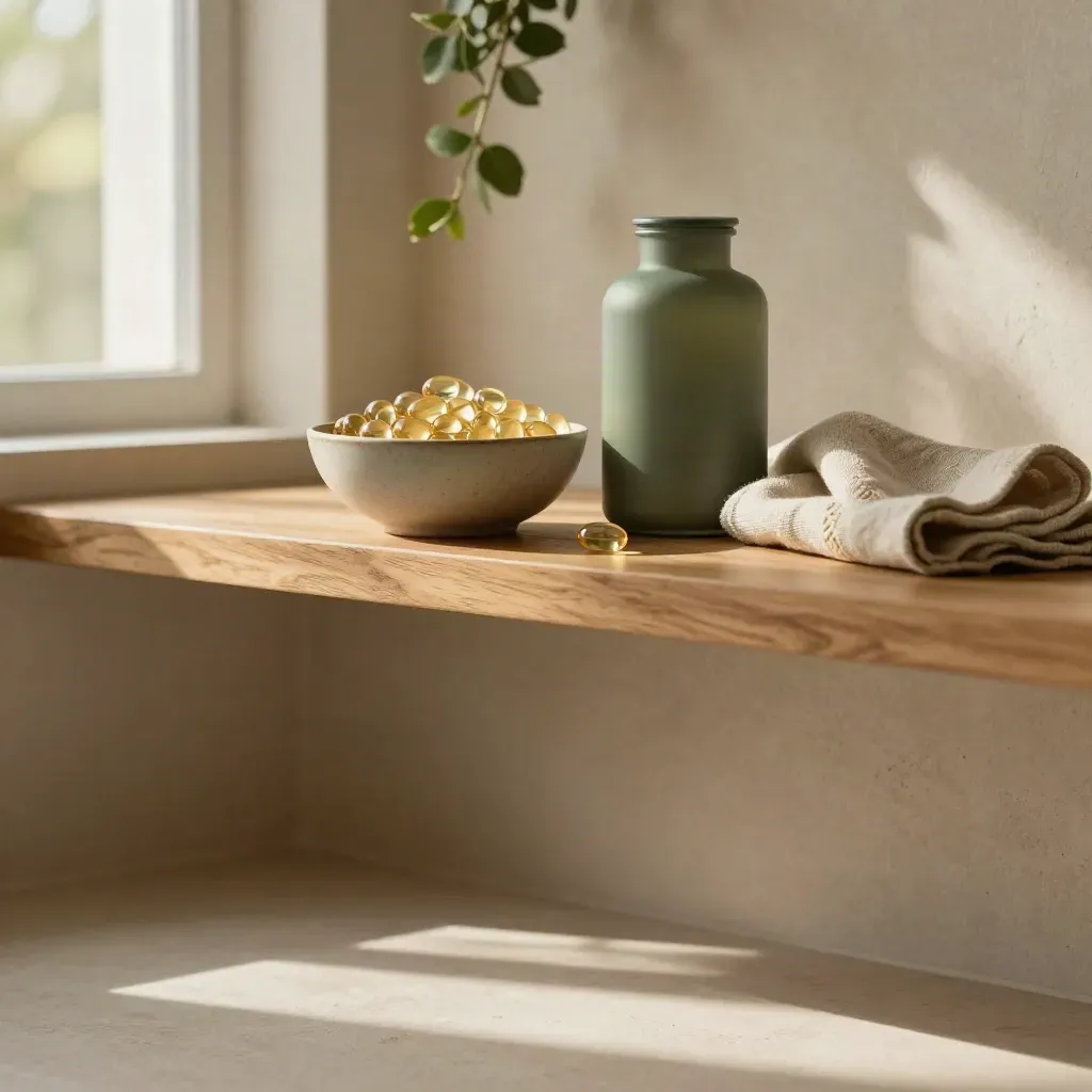 Vegan omega capsules and bottle on a warm oak shelf with linen and greenery