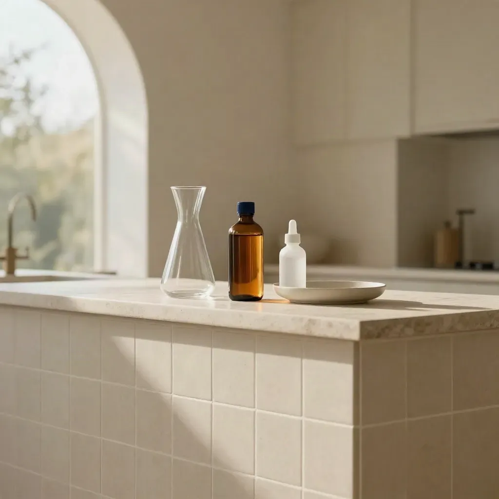 Pale tiled wellness kitchen with liquid supplement bottles, arched light, and a calm copy area.